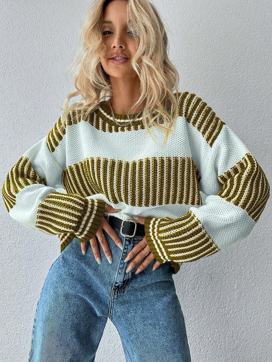 EURMUSE Striped Pattern Drop Shoulder Sweater - Mustard Yellow - View 1
