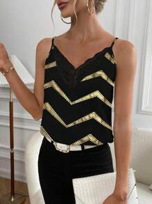 SHEIN Privé Print Contrast Lace Cami Top - Black - View 1