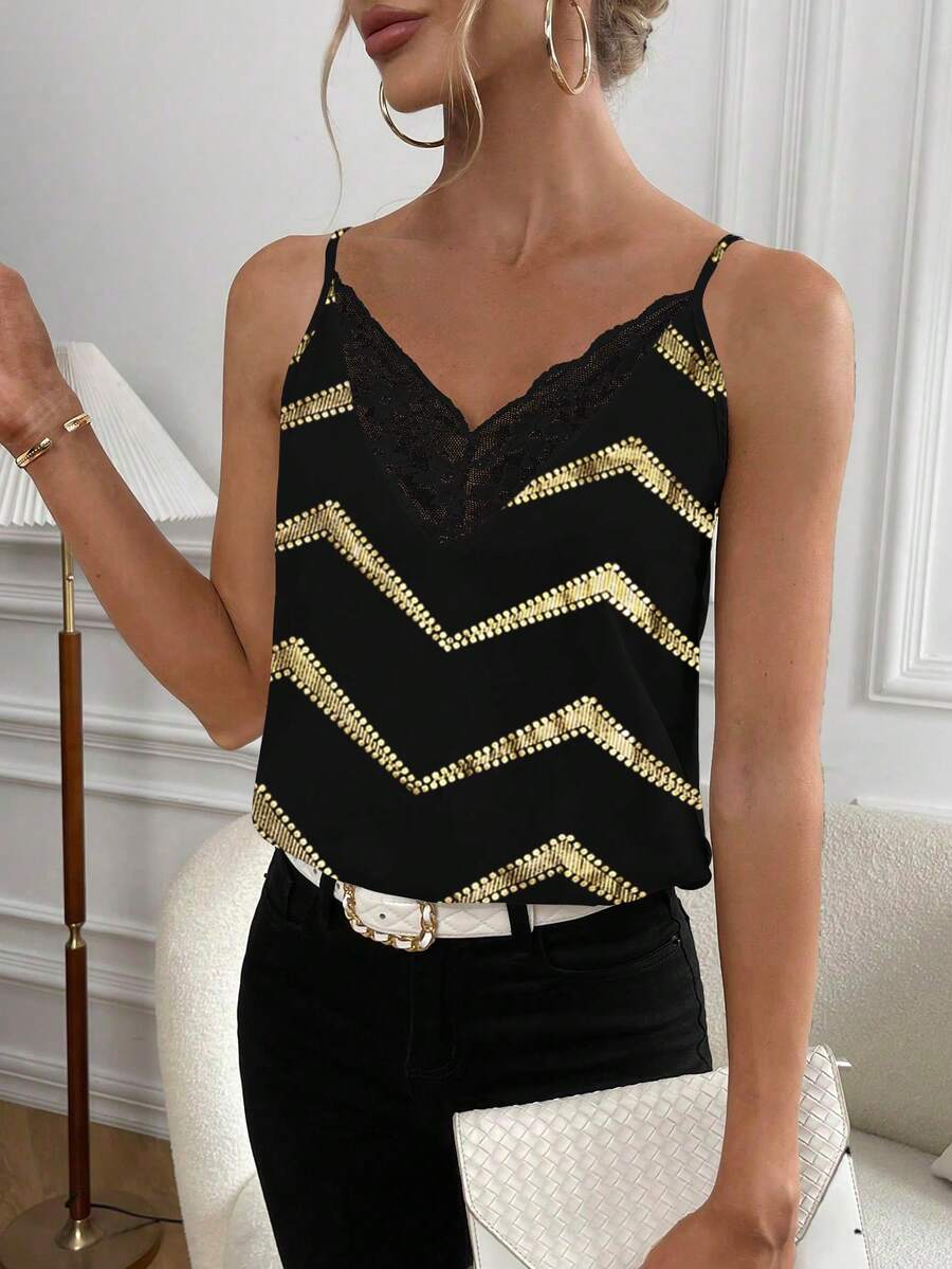 SHEIN Privé Print Contrast Lace Cami Top - Black - View 1