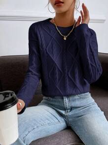 SHEIN Frenchy Solid Cable Knit Drop Shoulder Sweater - Navy Blue - View 6