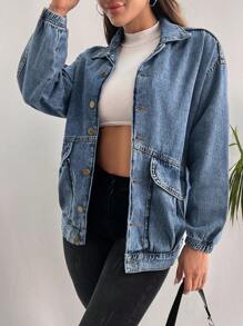 SHEIN Cottnline 翻蓋口袋落肩袖牛仔夾克 - 藍色 - 查看 3