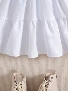 SHEIN Young Girl Flare Sleeve Ruffle Hem Dress & Pearl Beaded Cami Denim Top - White - View 5