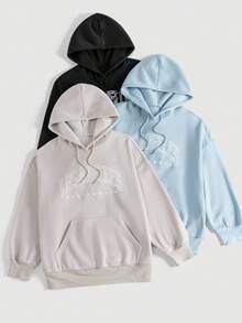 SHEIN EZwear 加大码 3 件套字母图案袋鼠口袋抽绳卫衣 - 彩色 - 查看 3