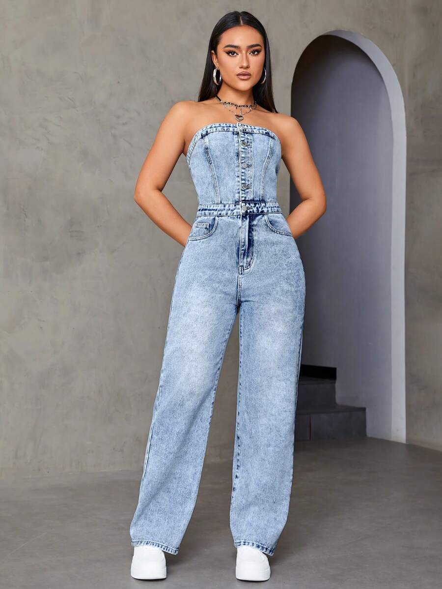 SHEIN ICON Strapless Denim Washed Jumpsuit - Light Wash - View 1