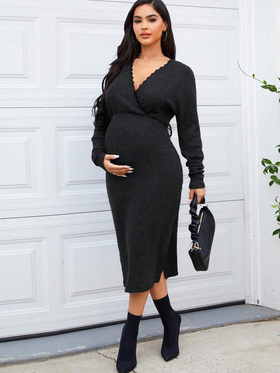 SHEIN Maternity Surplice Neck Lace Trim Split Thigh Dress - Black - View 1