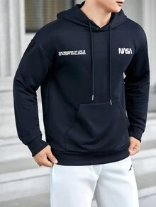 GENTILAND Loose Fit Men's Letter Graphic Kangaroo Pocket Drawstring Hoodie - Navy Blue - View 6
