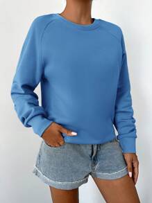 SHEIN Cottnline Solid Raglan Sleeve Sweatshirt - Blue - View 5