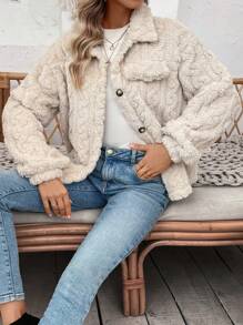 SHEIN Essnce 雙面毛絨外套 - 卡其色 - 查看 5