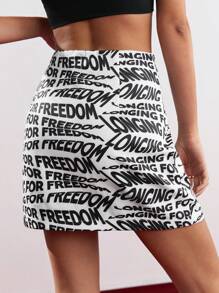 BizChic Falda Estampada De Letra De Cintura Alta Para Mujer - Blanco y Negro - Ver 2