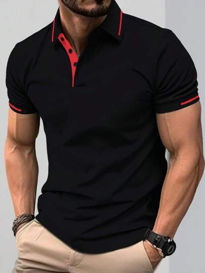 Manfinity Homme Men Contrast Trim Half Button Collar Color Block Business Casual Polo Shirt For Husband, Black Polo Shirt For Men, T Shirts For Men Polo, Men Golf Shirt, Fashion Designer Tshirts For Men