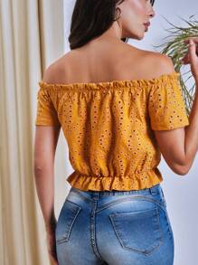 Shein雪紡肩露蕾絲上衣 - 芥末黃 - 查看 2