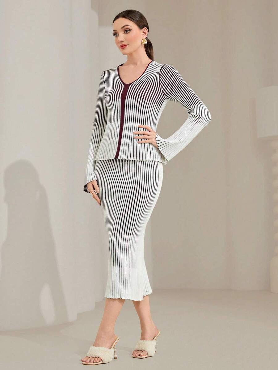 Modelyn Striped Pattern Cardigan & Knit Skirt - Burgundy - View 1