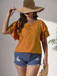 Celure 夏季加大圆点印花蝴蝶袖衬衫 - 薑色 - 查看 3
