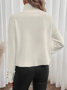 SHEIN Clasi 高領落肩袖紐扣細節套頭毛衣 - 白色 - 查看 2