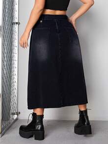 SHEIN ICON Hơn Chi tiết đáng kinh ngạc Tách đùi Váy Denim Không có thắt lưng - màu đen - Xem 2