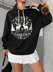 EURMUSE Christmas Print Drop Shoulder Drawstring Hoodie - الأسود - مشاهدة 1