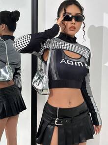 SHEIN Unity 女性半高領條紋短款上衣和字母圖案背心2入組/套 - 黑色 - 查看 6