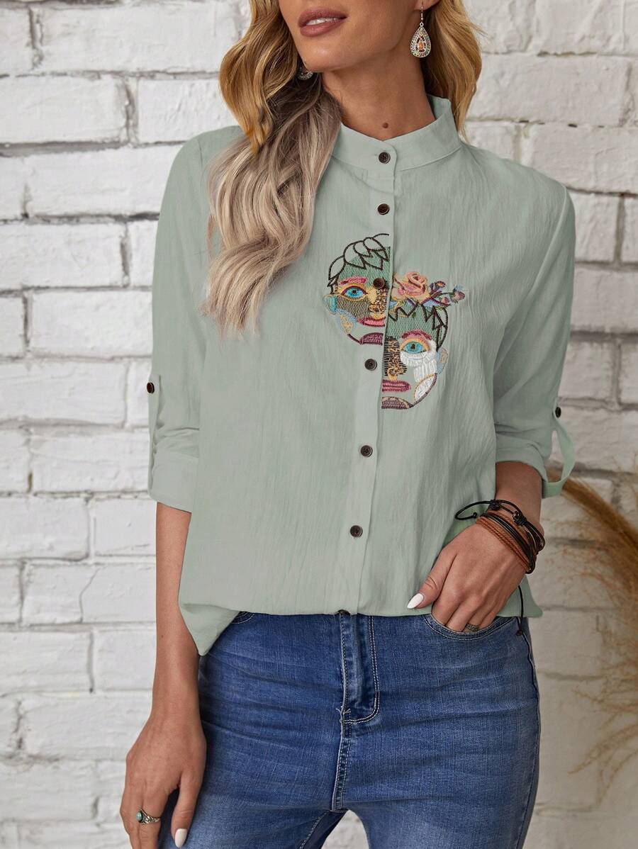 EMERY ROSE Figure Embroidery Roll Tab Sleeve Blouse - Green - View 1