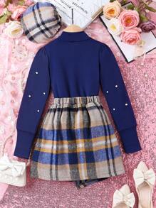 SHEIN Tween Girl Pearls Beaded Tee & Plaid Print Asymmetrical Hem Skirt & Hat - Multicolor - View 2