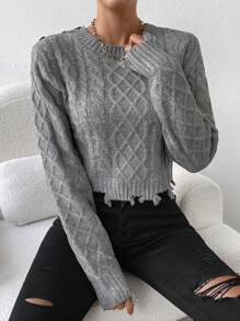 SHEIN Unity Xoắn Dan Chi tiết Nút Áo len Distressed - Xám - Xem 6