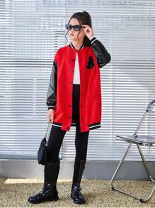 SHEIN Teen Girl Letter Patched Striped Trim Drop Shoulder Varsity Jacket - Green - View 6