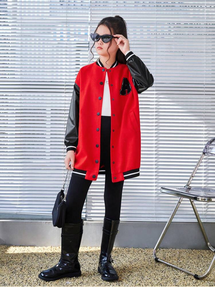 Teen Girl Letter Patched Striped Trim Drop Shoulder Varsity Jacket