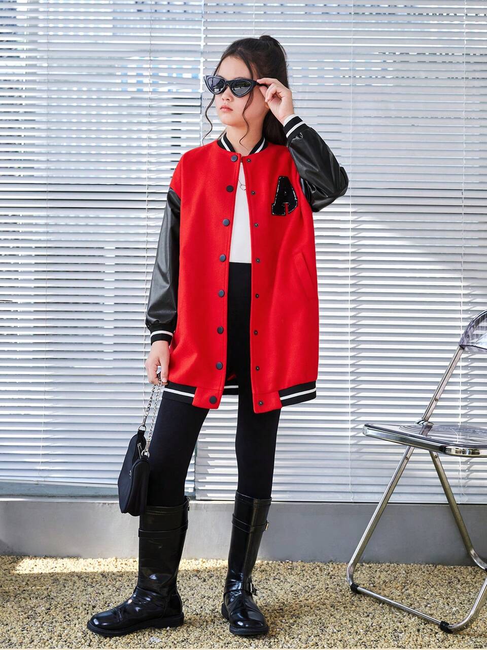 Teen Girl Letter Patched Striped Trim Drop Shoulder Varsity Jacket