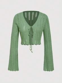SHEIN MOD Tie Front Scallop Trim Pointelle Knit Cardigan - Green - View 1
