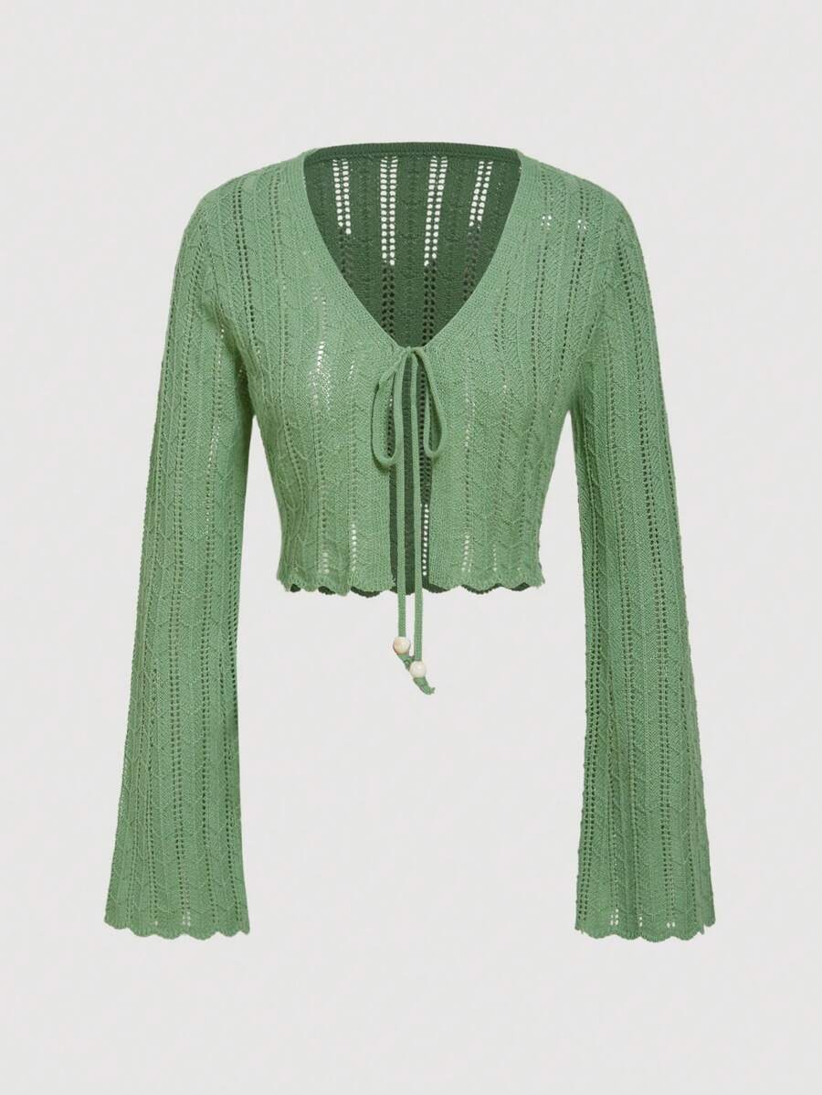 SHEIN MOD Tie Front Scallop Trim Pointelle Knit Cardigan - Green - View 1