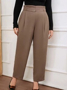 SHEIN Privé Pantalones Largos Con Cintura Tipo Bolsa De Papel De Color Liso De Talla Grande - Marrón - Ver 4