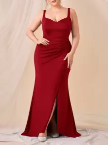 SHEIN Belle Burgundy Red Plus Ruched Side Split Thigh Cami Bridesmaid Dress - Burgundy - View 5