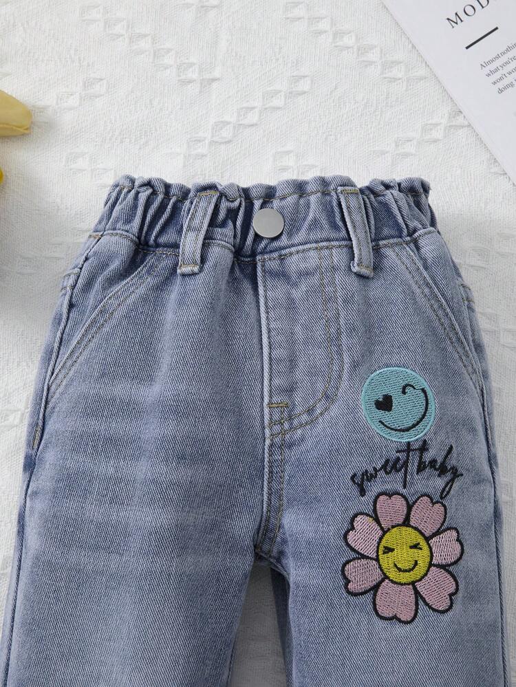 Baby Girls' Light Washed Embroidered Straight Leg Denim Pants
