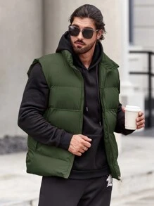 Manfinity 寬鬆版型男士拉鍊前方毛絨背心外套 - 軍綠色 - 查看 5