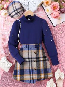 SHEIN Tween Girl Pearls Beaded Tee & Plaid Print Asymmetrical Hem Skirt & Hat - Multicolor - View 1