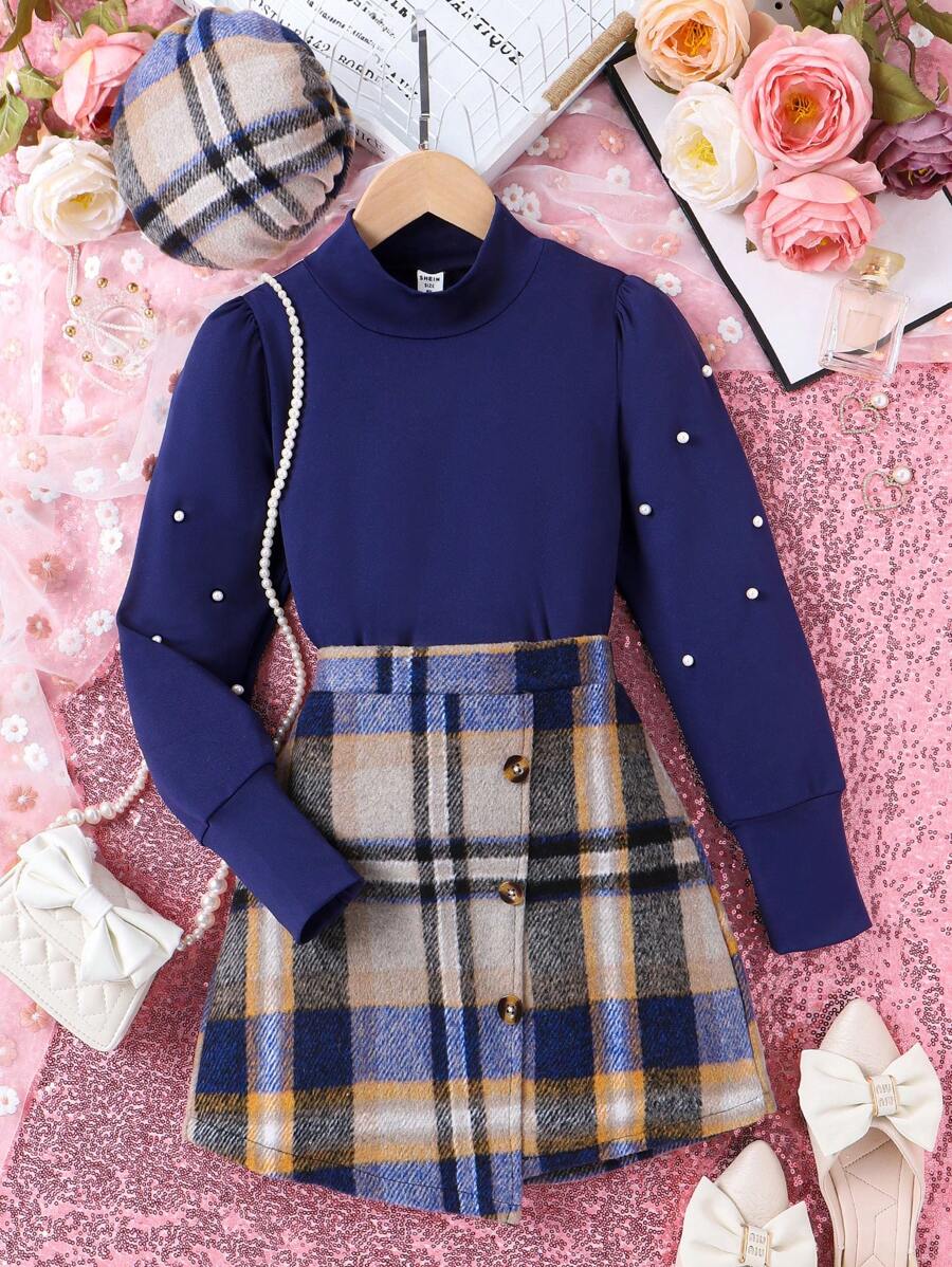 SHEIN Tween Girl Pearls Beaded Tee & Plaid Print Asymmetrical Hem Skirt & Hat - Multicolor - View 1