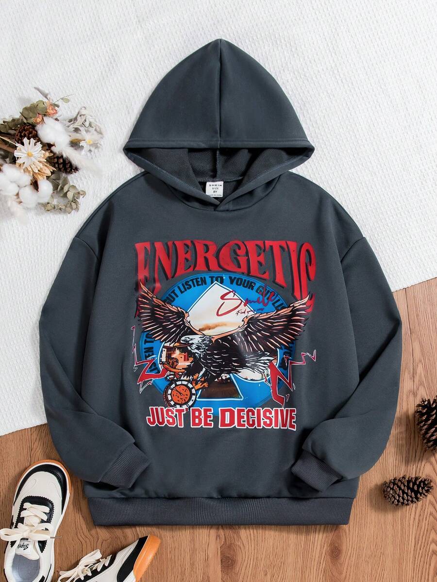 Áo nỉ in hình đại bàng và chữ cái dành cho thiếu niên nam - Màu xám đen - Xem 1