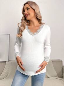 SHEIN Maternity Lace Patchwork Puff Sleeve Sweater, For Winter - White - View 4