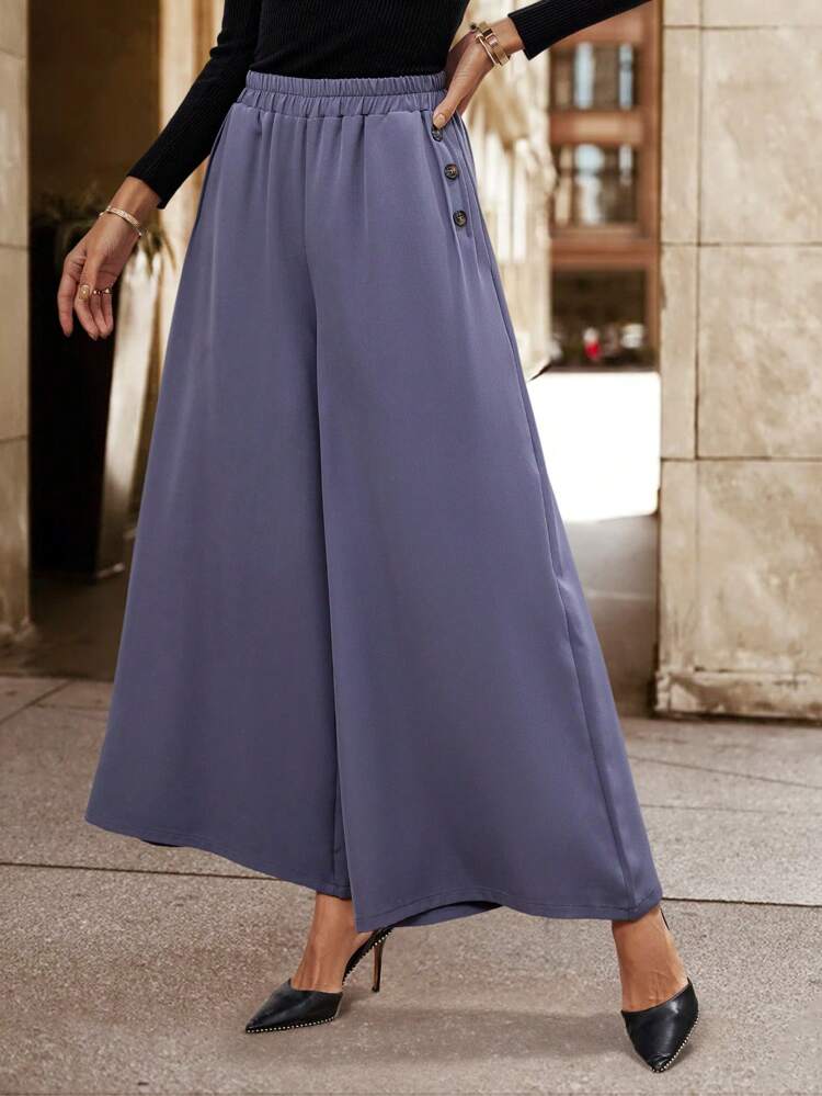 Button Detail Wide Leg Pants