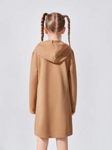 SHEIN Cô gái Tween Đồ họa Chữ cái Thả vai Đầm có mũ - Màu Khaki - Xem 2