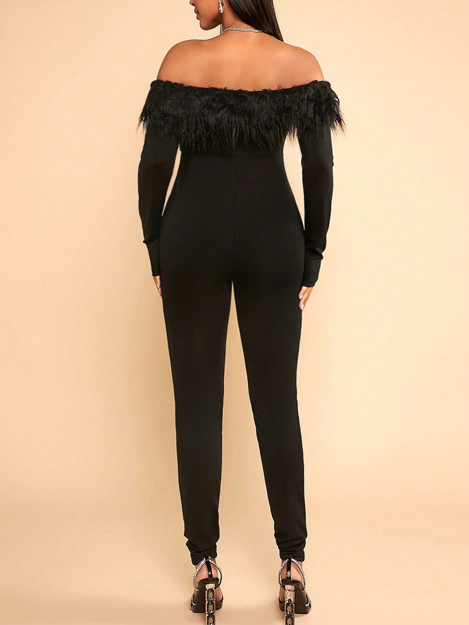 Maternity Solid Off Shoulder Fuzzy Trim Unitard Jumpsuit