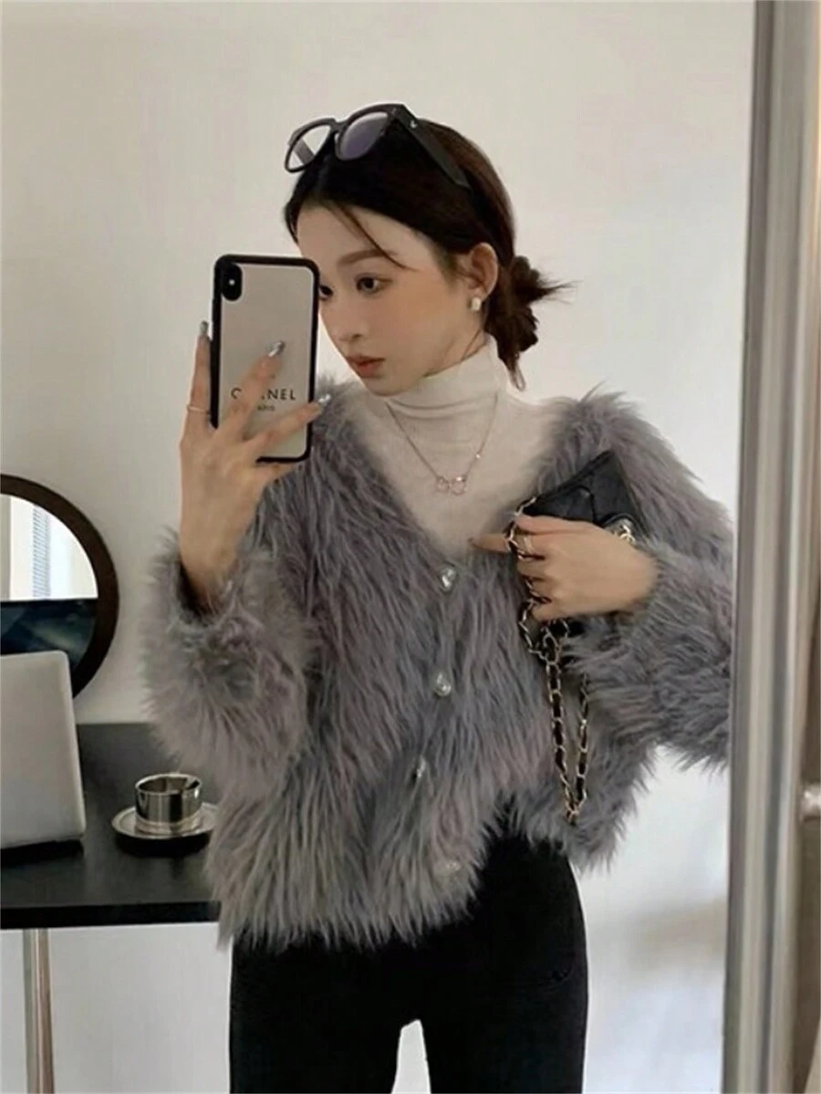 纯色落肩蓬松开衫，长袖上衣 - 灰色 - 查看 1