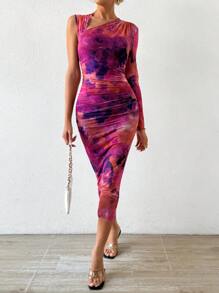 Chiquease Tie Dye Asymmetrical Neck Bodycon Dress - Multicolor - View 6