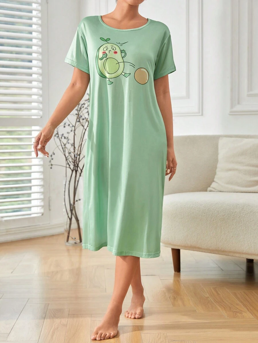 Cartoon Graphic Pajama Nightdress - Green - View 1