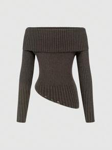 SHEIN Unity Letter Pattern Off Shoulder Asymmetrical Hem Knit Pullover Fall Winter Sweater - Coffee Brown - View 2