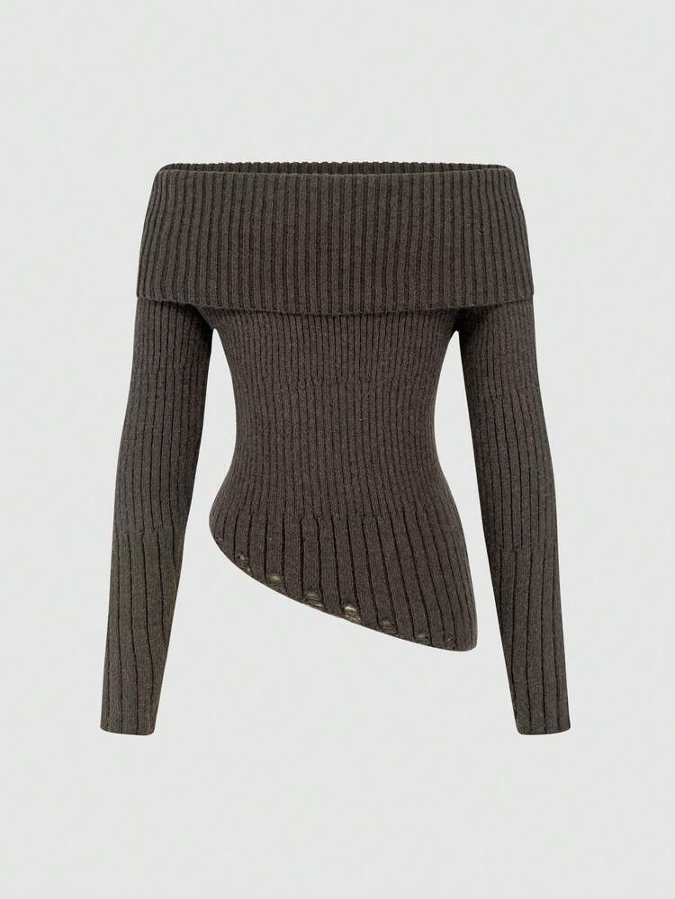 Letter Pattern Off Shoulder Asymmetrical Hem Knit Pullover Fall Winter Sweater