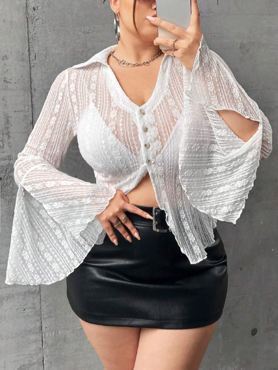 SHEIN ICON 大碼喇叭袖前紐扣木耳邊襯衫不附胸罩 - 杏色 - 查看 1