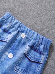 SHEIN 女小童拼接毛邊下擺牛仔效果印花半身裙 - 彩色 - 查看 4