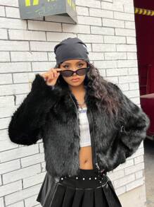 SHEIN EZwear Chất rắn Dây kéo 	
Fuzzy áo - màu đen - Xem 3