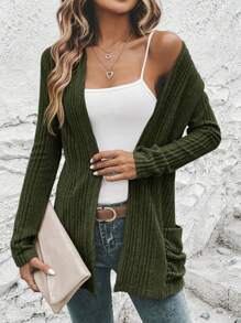 EMERY ROSE Solid Open Front Ribbed Knit Coat In Fall/Winter - Dark Green - View 5