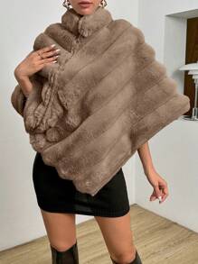 SHEIN Privé Solid Batwing Sleeve Fuzzy Coat - Khaki - View 5